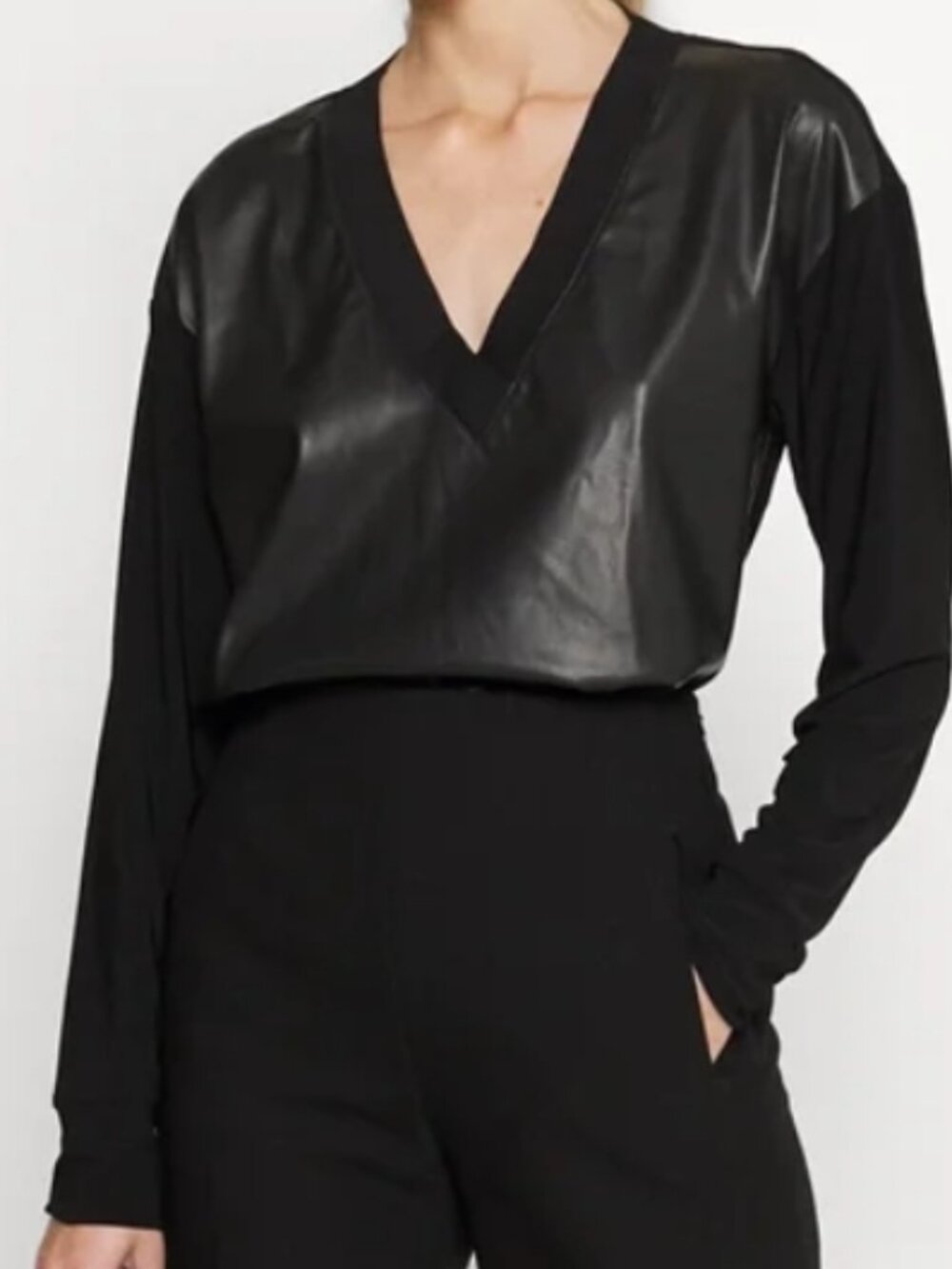 DKNY Black Faux Leather V-Neck Pullover Top